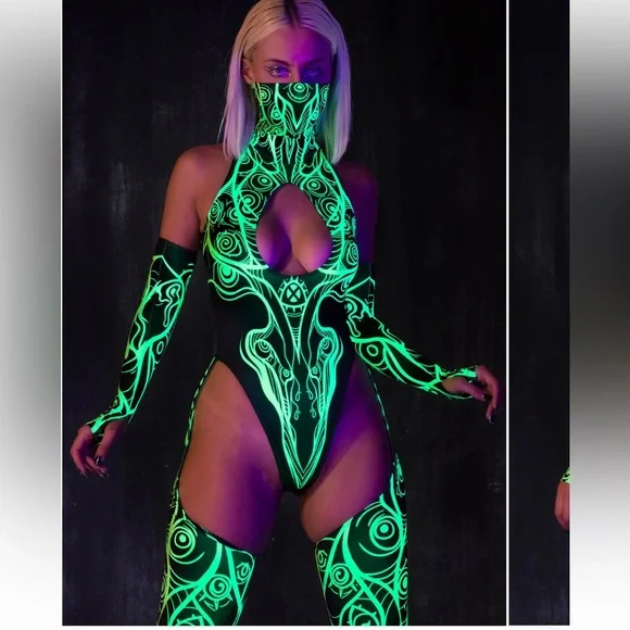 NWOT Badinka Necrowaves Green Cut-Out Catsuit - Picture 1 of 6